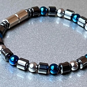 Blue & Silver Magnetic Bracelet: Hematite Beads, Extra-Strength Clasp