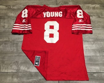 Vintage starter San Francisco 49ers Steve Young voetbalshirt uniform maat 52 XL Made in USA rood en wit