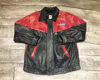 Vintage The Game NASCAR Car Racing Distressed Black Red Leather Jacket Coat Size XLarge