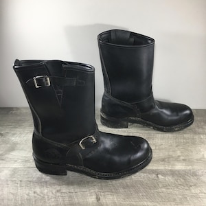 Vintage Brahma Black Leather Harness Motorcycle Riding Engineer Steel Toe Boots Made in USA Size 9.5