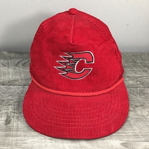Vintage 90s Yupoong Calgary Flames NHL Red Corduroy Snapback Hat Cap Adjustable Size
