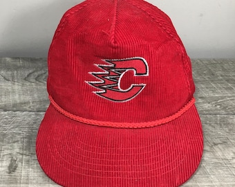 Vintage 90s Yupoong Calgary Flames NHL Red Corduroy Snapback Hat Cap Adjustable Size