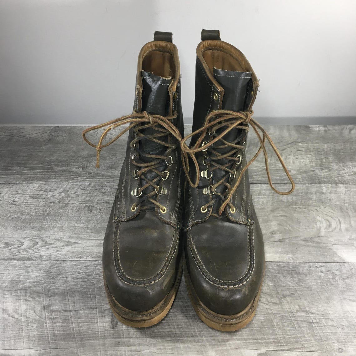 Hytest Moc Toe Olive Leather Billy Style Hiking Hunting Work Boots Vintage Size 9.5 Made in USA, Foto 3 von 5