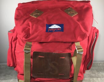 Vintage JanSport Red Canvas Brown Leather Bottom Backpack Hiking Ruck Bag Day Pack Made in USA