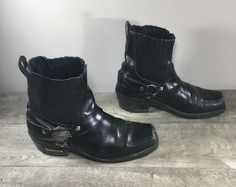 Mens Harley Davidson Vintage Engineer Harness Motorcycle Black Leather Stretch Square Toe Boots Size 10 Made in USA