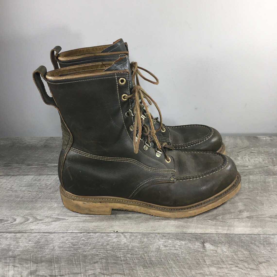 Hytest Moc Toe Olive Leather Billy Style Hiking Hunting Work Boots Vintage Size 9.5 Made in USA, Foto 2 von 5