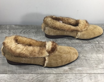 Vintage Dodson Damen Braun Leder Lammfell gefüttert Winter Schuhe Hausschuhe Made in USA Größe 7