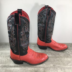Vintage Justin L4704 Red & Black Western Cowboy Leather Women&#39;s Boots Size 7 Medium Made in USA Westernwear