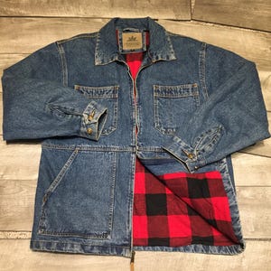 Vintage Chore Barn herrjacka i blå jeanstyg med buffelrutigt foder, storlek Medium