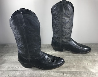Vintage Laredo McComb Black Leather Cowboy Western Men's Pull On Rancher Boots Size 9 Extra Wide Made in USA