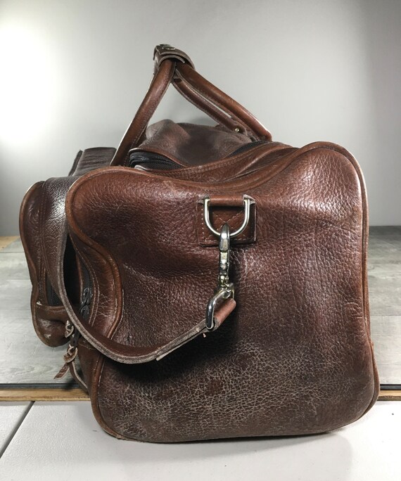 Vintage Brown Bullhide Leather Duffel Duffle Gym … - image 4