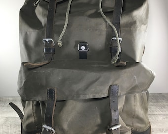 Vintage Swiss Army 1980s Rubberized Waterproof Nylon & Leather Green Mountain Rucksack Backpack Bag