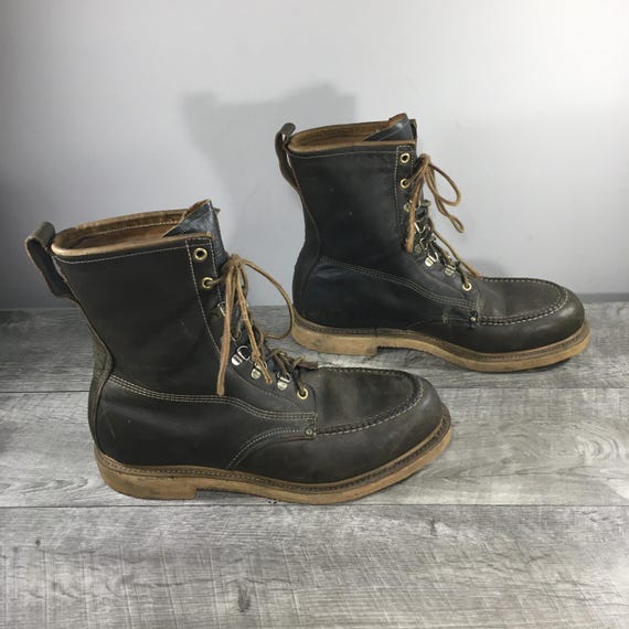 Hytest Moc Toe Olive Leather Billy Style Hiking Hunting Work Boots Vintage Size 9.5 Made in USA