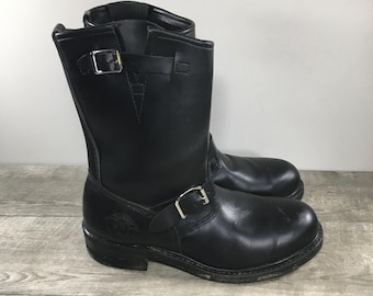 Brahma Black Leather Harness Motorcycle Riding Engineer Steel Toe Biker Boots Made in USA Size 9.5