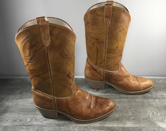 Vintage Texas Men’s Brown Marbled Leather Cowboy Western Stacked Heel Boots Size 10 Extra Wide Made in USA