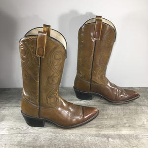 Vintage Acme Dingo? Swirl Inlay Cowboy Western Brown Leather Motorcycle Mens Boots Size 8 Medium Made in USA