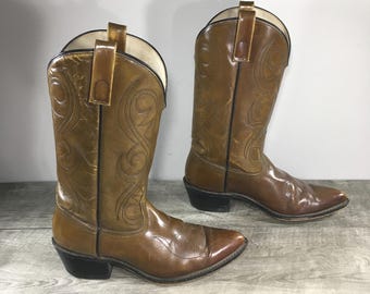 Pode incluir: Um par de botas de cowboy de couro marrom com pontas pontiagudas e costuras intrincadas. As botas têm um salto leve e são feitas de couro envelhecido.