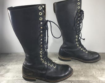 Vintage Men’s Combat Biker Motorcycle Riding 19-Eye Black Leather Soft Toe Boots Size 9 Made in USA