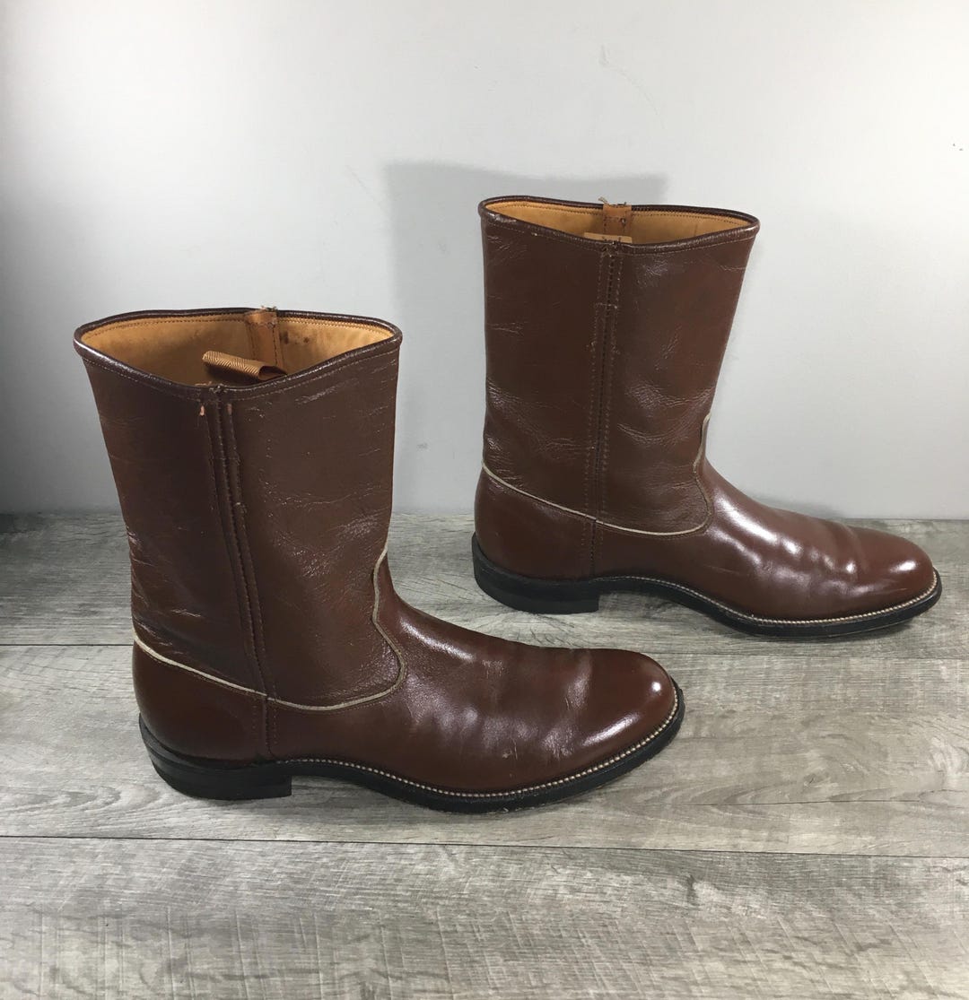 Vintage 60s JUSTIN BOOTS Fort Worth Brown Leather Roper Western
