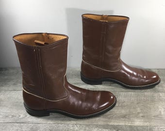 Vintage 60s JUSTIN BOOTS Fort Worth Brown Leather Roper Western Cowboy Moto Mens Boots Size 9.5 Made in USA