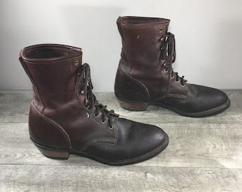 Durango Lacer Roper Logger Bay Apache Leather Men's Boots Vintage Lace Up Size 10.5 Extra Wide Made in USA