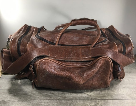 Vintage Brown Bullhide Leather Duffel Duffle Gym … - image 2