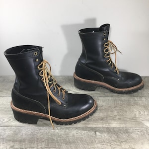 Vintage Mens Work N Sport Logger Soft Toe Black Leather Work Vibram Boots Size 7 Medium Made in USA Punk Goth Grunge
