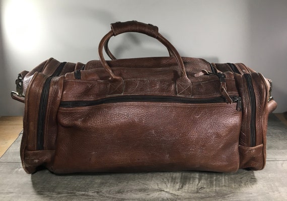 Vintage Brown Bullhide Leather Duffel Duffle Gym … - image 5