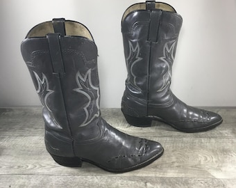 Vintage Darios El Paso Leather Cutouts Cowboy Western Mens Charcoal Boots Size 10 Wide Made in USA!