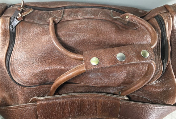 Vintage Brown Bullhide Leather Duffel Duffle Gym … - image 3