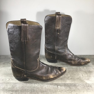 Frye 2307 Vintage 70s Black Label Western Cowboy Chocolate Leather Mens Riding Rancher Pull On Boots Made in USA Size 11.5