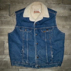 Vintage Sears Roebucks Denim Jean Western Wear Men&#39;s Sherpa Vest Jacket Made in USA Size Medium