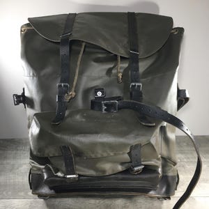 Vintage Swiss Army 1980s Rubberized Waterproof Nylon & Leather Green Mountain Rucksack Backpack Bag