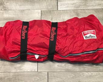 Vintage Marlboro Plaid Red & Black Fleece Sleeping Bag Backpacking Camping Approximate Outside Dimensions 70 Inches Tall by 54 Inches Wide