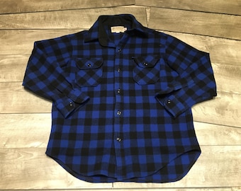 Vintage Bemidji Woolen Mills Buffalo Plaid Check Button Down Wool Shirt Size Large Made in USA