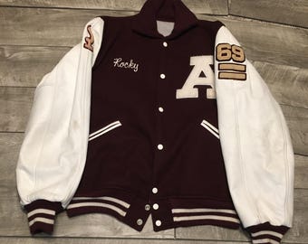 Vintage Butwin 1969 60’s Letterman Varsity Leather Bomber Jacket Coat Size Large Made in USA