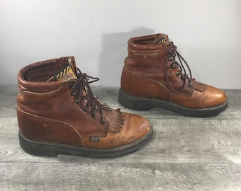 Womens Justin Lace Up Kiltie Work Western Cowboy Brown Leather Punk Grunge Boots Size 9.5 Wide Made in USA