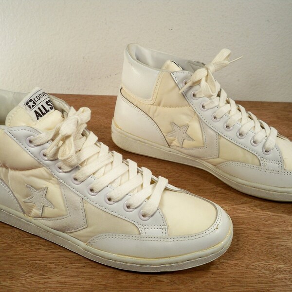 Vintage CONVERSE ALL STAR High Top Basketball White Leather Canvas Shoes Sneakers Men's Size 7.5 Made in Korea