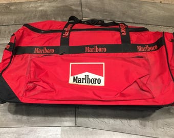 90’s Marlboro Adventure Team Travel Weekender Red Black Bag Vintage Rolling Luggage Duffle