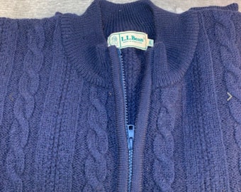 Vintage LL Bean Blue Wool 1/4 Zip Chunky Cable Wool Pullover Sweater Men's Size Large Made in Hong Kong