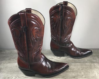 Vintage Oxblood Flames Leather Cowboy Western Mens Pull On Snip Toe Boots Size 7 US Made in Mexico