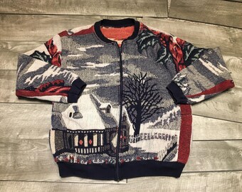 Vintage Knitted Double Sided Knit Scene Print Bomber Mens Cardigan Coat Jacket Size Large
