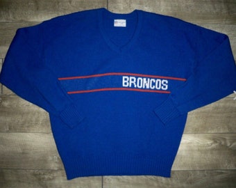 Vintage 1980s Cliff Engle Denver Broncos NFL Football Blue Adult Wool Blend Pullover Jumper Sweater Size Large