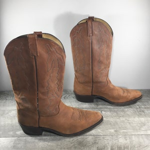 Vintage Dan Post Marlboro Brown Leather Cowboy Men&#39;s Western Rancher Riding Boots Made in USA Size 12