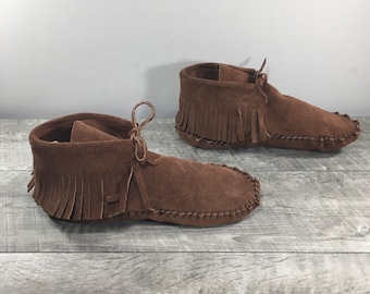 Vintage Läder Forest Walker Hippie Boho Dammockasiner Vandringsskor med Fransar Stövlar Storlek 8