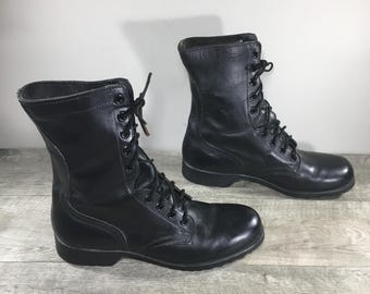 80s 90s 1990 Dated Vtg Black Leather Combat Boots Lace up Ankle