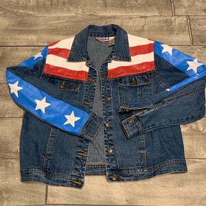 Vintage Bill Blass handbemalte Denim Jean Trucker Damen Jacke Mantel Größe M