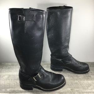 Vintage Black Leather Harness Motorcycle Riding Engineer Biker Mens Steel Toe Boots Made in USA Size 7 Extra Wide