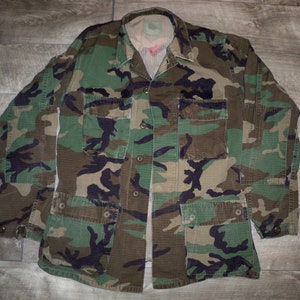 1980&#39;s Vintage US Army Woodland Hot Weather Camo Jacket Shirt Military Clothes Uniform Size Small Long Made in USA