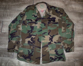 1980's Vintage US Army Woodland Hot Weather Camo Jacket Shirt Military Clothes Uniform Size Small Long Made in USA